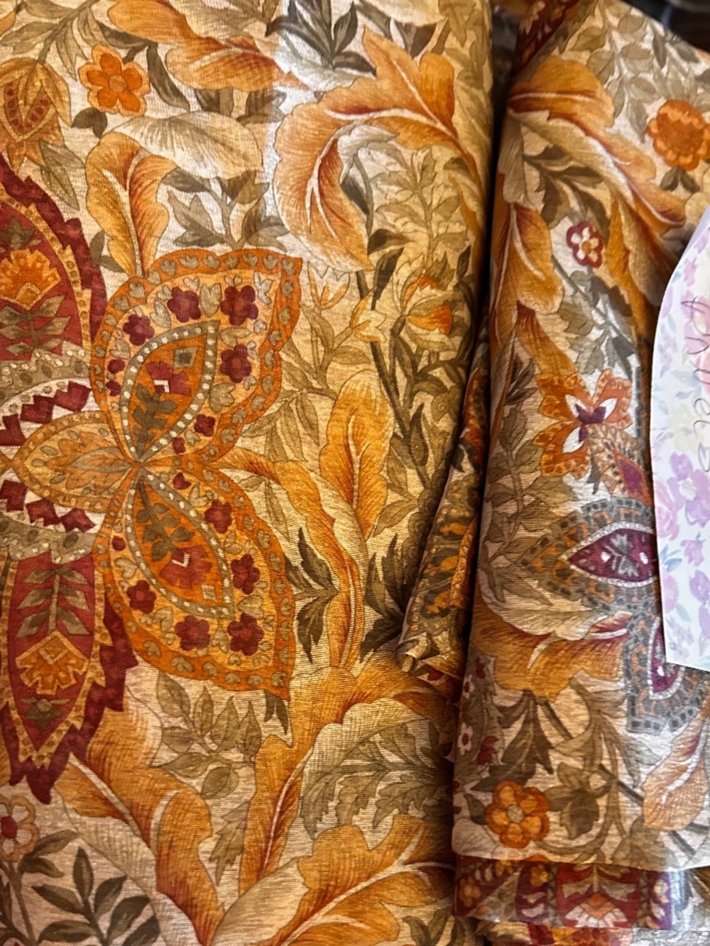 2 curtain panels Bohemian paisley green,cranberry and orange …like new